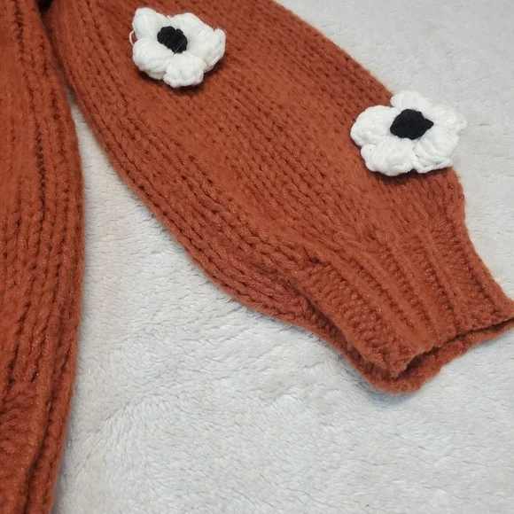 Anthropologie Maeve Brown Rust Chunky Knit Floral Cottagecore Cardigan One Size - Picture 2 of 7